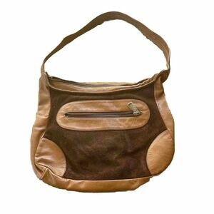 Vintage‎ Ideal Womens Handbag Brown Color Block Outer Pocket Retro Zipper Bag M